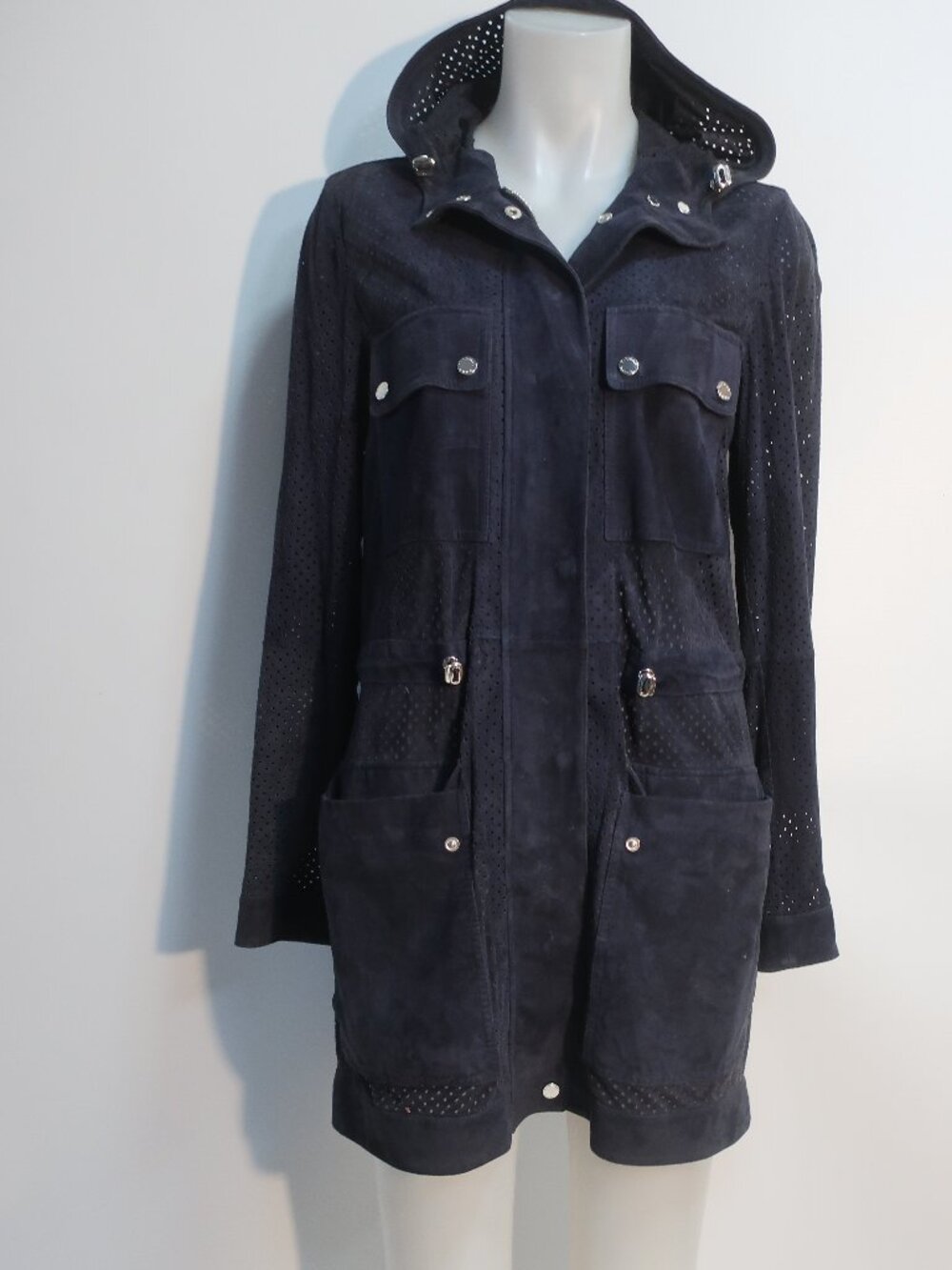 Womens Michael Kors Navy Blue (Item- 131) Perforated Suede Zip Hooded Jacket S
